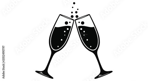 black and white illustration of champagne glasses toasting
