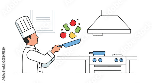 chef cooking in kitchen tossing vegetables