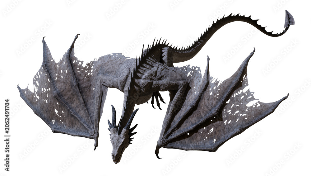 Fototapeta premium Gray dragon with large tattered wings and sharp spikes