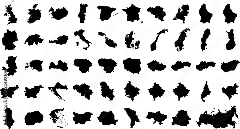 Obraz premium European Countries Map Silhouette Icon Set Representing Geography Education Continental Borders And Political Territory Shapes