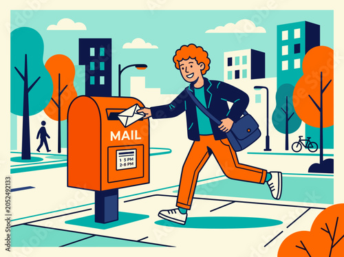 Person posting letter in city mailbox vector scene showing postal delivery public service correspondence urban errand message sending communication daily routine workflow concept guide