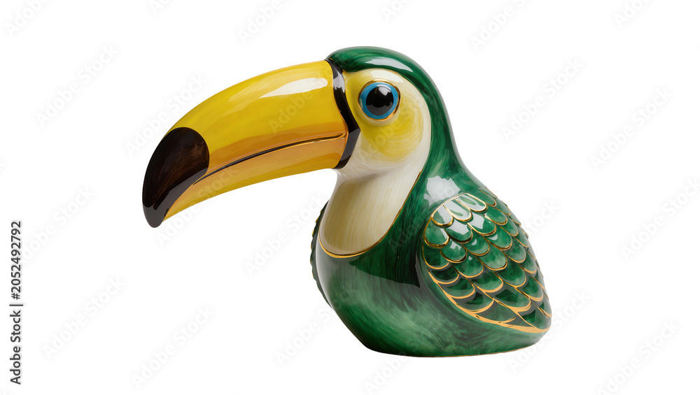 Fototapeta premium Ceramic Toucan Figurine with Yellow Beak and Green Body