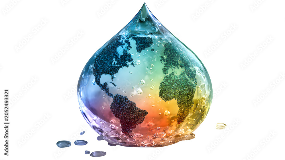Naklejka premium Water drop showing planet Earth map with colorful reflections isolated on transparent background