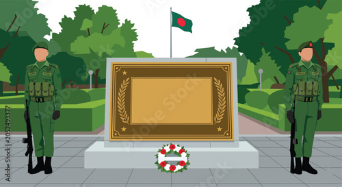 Fotografia Soldier Standing Beside Ceremonial Signboard with Wreath and Flag in Minimalist