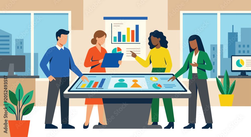 Fototapeta premium Team Working at Office Table Discussing Analytics on Display in Minimalist Flat Vector Style