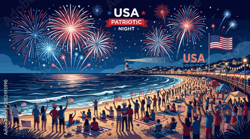 Cuadro en lienzo USA Patriotic Night: Fireworks Over Crowded Beach Celebration