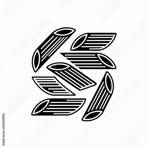 Minimalist black and white icon of uncooked penne pasta