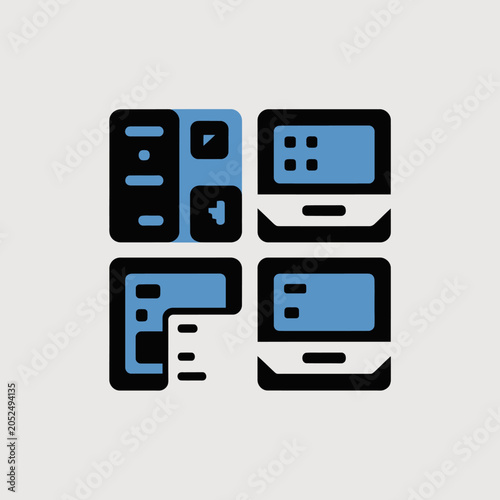 Abstract blue and black digital interface icons on gray