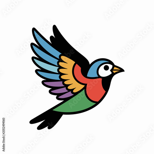 A colorful cartoon bird flies with its wings spread wide