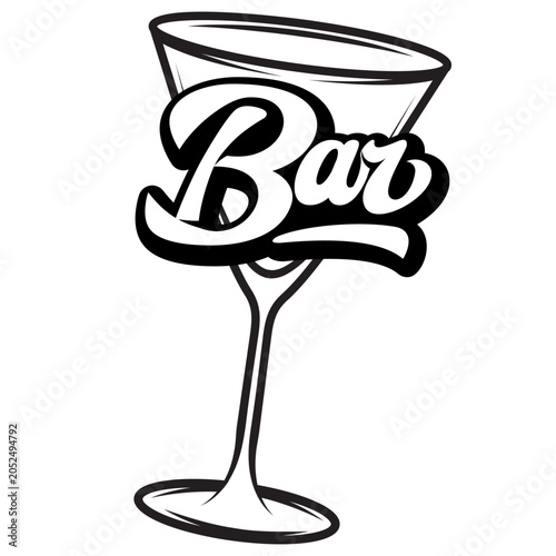 Elegant cocktail glass with Bar text in stylish script, a classic emblem for nightlife and beverages.