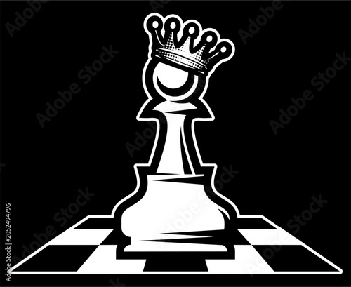 Majestic chess pawn wearing a royal crown on a checkered board, symbolizing promotion and strategy.
