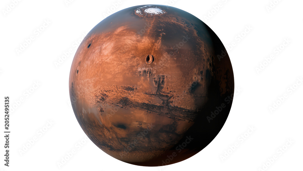 Fototapeta premium Mars planet surface with craters and polar ice cap