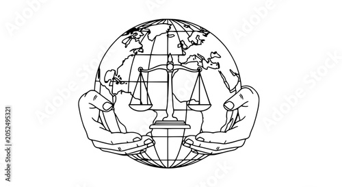 Tableau sur toile Global Justice Symbol: Hands Holding Scales of Justice Over Earth Globe
