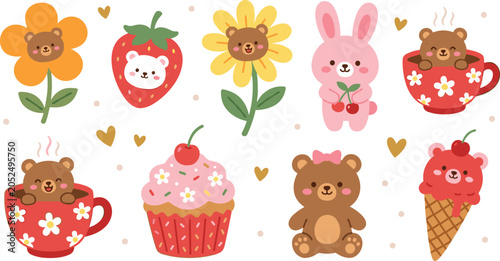 Cute Teddy Bear and Bunny Vector Illustration Set with Strawberry Cupcake Ice Cream Flowers and Coffee Cups for Kids Nursery Patterns