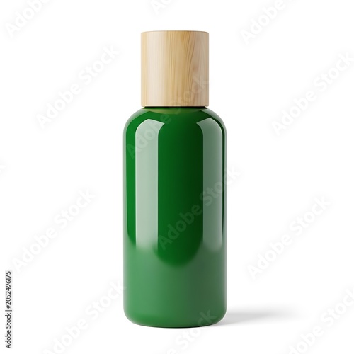 Green Bottle with Bamboo Cap on White Background