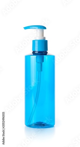 Blue Hand Sanitizer Bottle with Pump on White Background