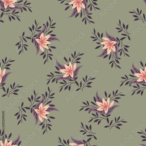Seamless floral pattern, cute ditsy print with small pink flowers, leaves on purple background. Pretty botanical design for fabric, paper and other surfaces. Vector illustration.