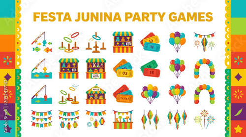Festa Junina Party Games and Decorations Elements Vector Illustration