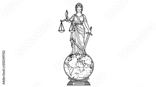 Photos Statue of Justice Standing on Globe, Holding Scales and Sword