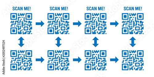 Blue qr code process flow diagram with bidirectional arrows showing scanning steps and digital synchronization.
