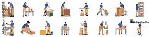 Set of flat vector illustrations featuring diverse warehouse workers performing various logistics, shipping, and packing tasks on a white background.