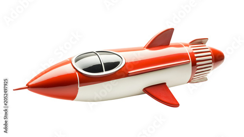 Retro red and white rocket ship toy, classic space-themed design for kids and science fiction concepts, isolated on white background