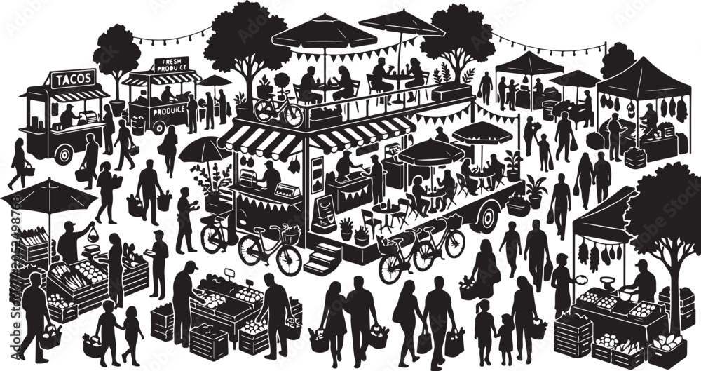 Obraz premium Outdoor market scene, black and white vector illustration, festival crowd, food stalls, vendor booths