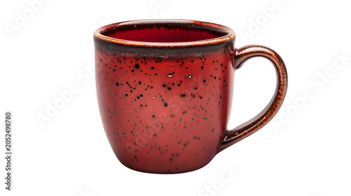 Rustic speckled red ceramic coffee mug with handle, handcrafted kitchenware for hot beverages, isolated on white background