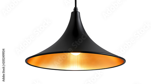 Sleek black pendant light fixture with warm golden interior, contemporary hanging lamp for modern home decor, isolated on white background