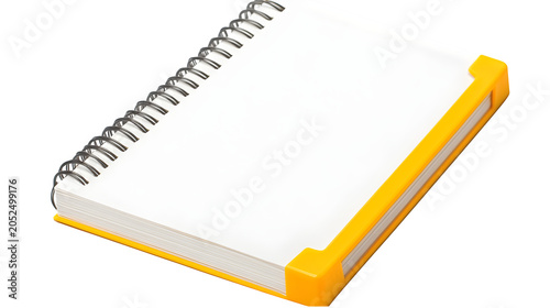 Spiral-bound notebook with yellow corner protectors, clean notepad for writing and creative sketching, isolated on white background