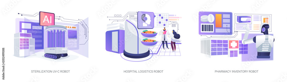 Obraz premium Autonomous Robots in Hospital Operations abstract concept vector illustrations.