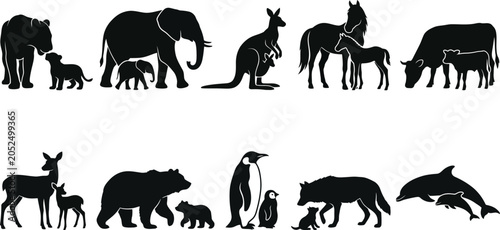 Foto Black silhouettes of various animals and their offspring standing side by side