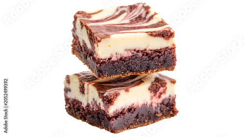 Stack of three red velvet cheesecake brownies with cream cheese swirl, indulgent layered dessert, isolated on white background