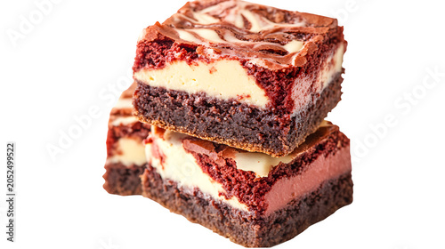 Stack of three red velvet cheesecake brownies with cream cheese swirl, indulgent layered dessert, isolated on white background