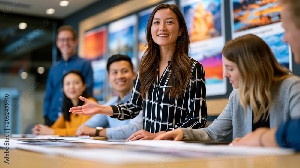 Fototapeta premium Creative agency team mid-pitch in a client meeting room, one presenter gesturing toward large mounted mood boards while clients lean forward reviewing campaign concept decks laid flat across the pol
