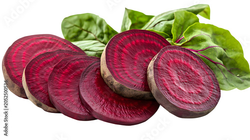 Thinly sliced beetroot rounds with vibrant concentric circles and fresh green leaves, healthy vegetable concept, isolated on white background