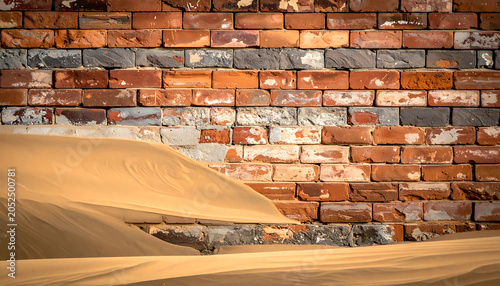 Weathered brick wall partially covered by sand dunes, representing decay and natural encroachment