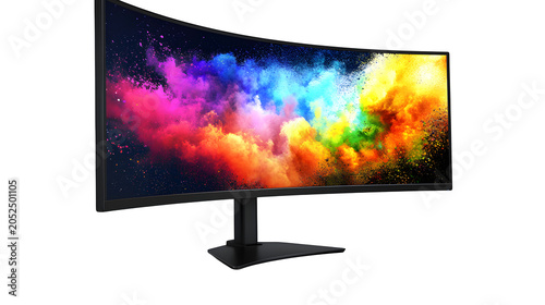 Ultra-wide curved computer monitor, premium electronic display for gaming and professional work, isolated on white background