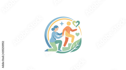 Fotografie Supportive person helping another climb steps with heart symbols