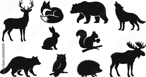 Black silhouettes of various wild forest animals and birds  forest wildlife icons