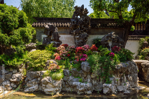 This is the Exquisite Jade Rock (Yulinglong) located in Yu Garden. The rock is surrounded by traditional landscaping typical of the Ming Dynasty garden style, Shanghai, China.