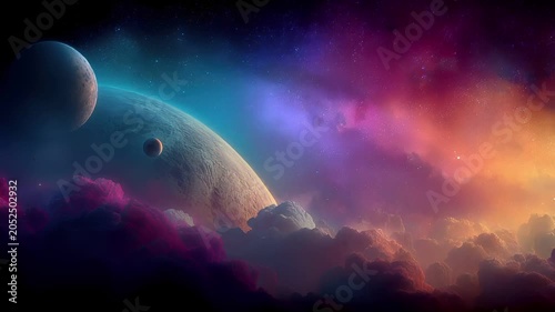 Space universe exploration, fantasy, mysterious. A vivid digital artwork depicts a celestial scene. A large, moonlike planet with two smaller moons is the main subject.