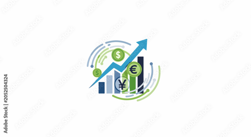 Fototapeta premium Stylized growth chart with currency symbols and upward arrow, abstract design