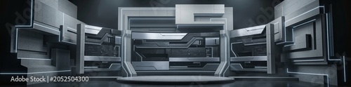 Futuristic news studio set with sleek geometric design and glowing blue accents, ideal for chroma key video or photo production.