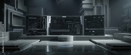 Futuristic news studio set with sleek geometric design and illuminated panels, ideal for chroma key production.