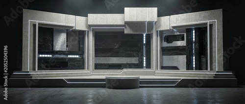 A futuristic news studio set with sleek concrete structures and glowing neon lights, ideal for chroma key video or photo production.