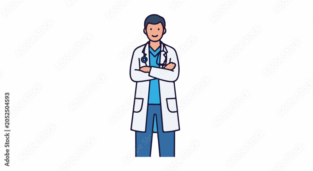 Fototapeta premium A male doctor in a lab coat with crossed arms and a stethoscope