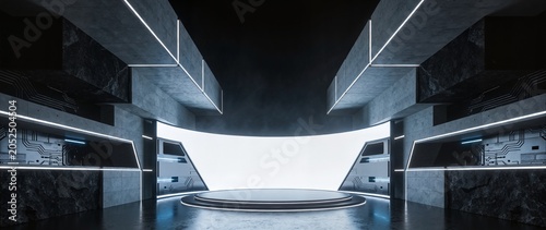 A futuristic studio set with a central platform, illuminated panels, and a curved white backdrop, ideal for chroma key video or photo production.