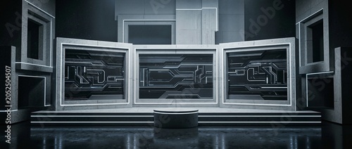 A futuristic news studio set with illuminated panels and a central podium, designed for green screen or chroma key production.