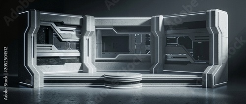 Futuristic news studio set with sleek geometric design and glowing neon accents, ideal for chroma key video or photo production.